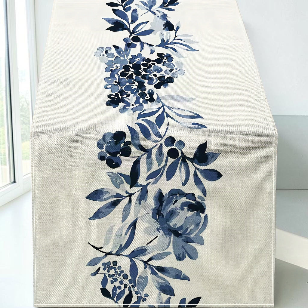 Blue Floral Linen Table Runner
