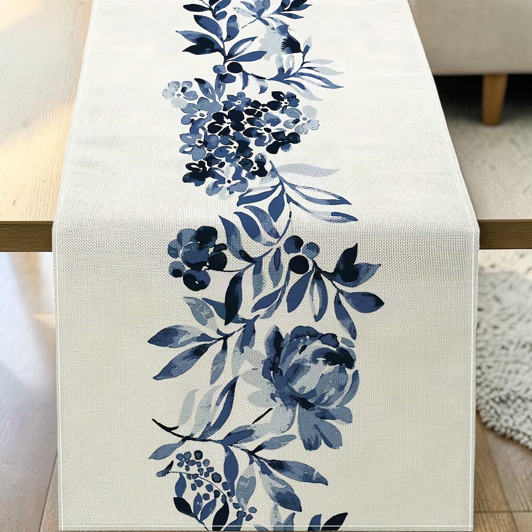 Blue Floral Linen Table Runner