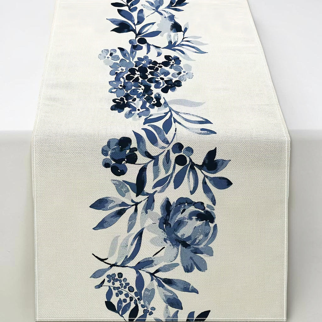 Blue Floral Linen Table Runner