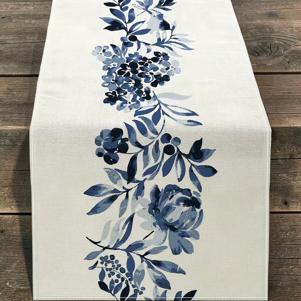 Blue Floral Linen Table Runner