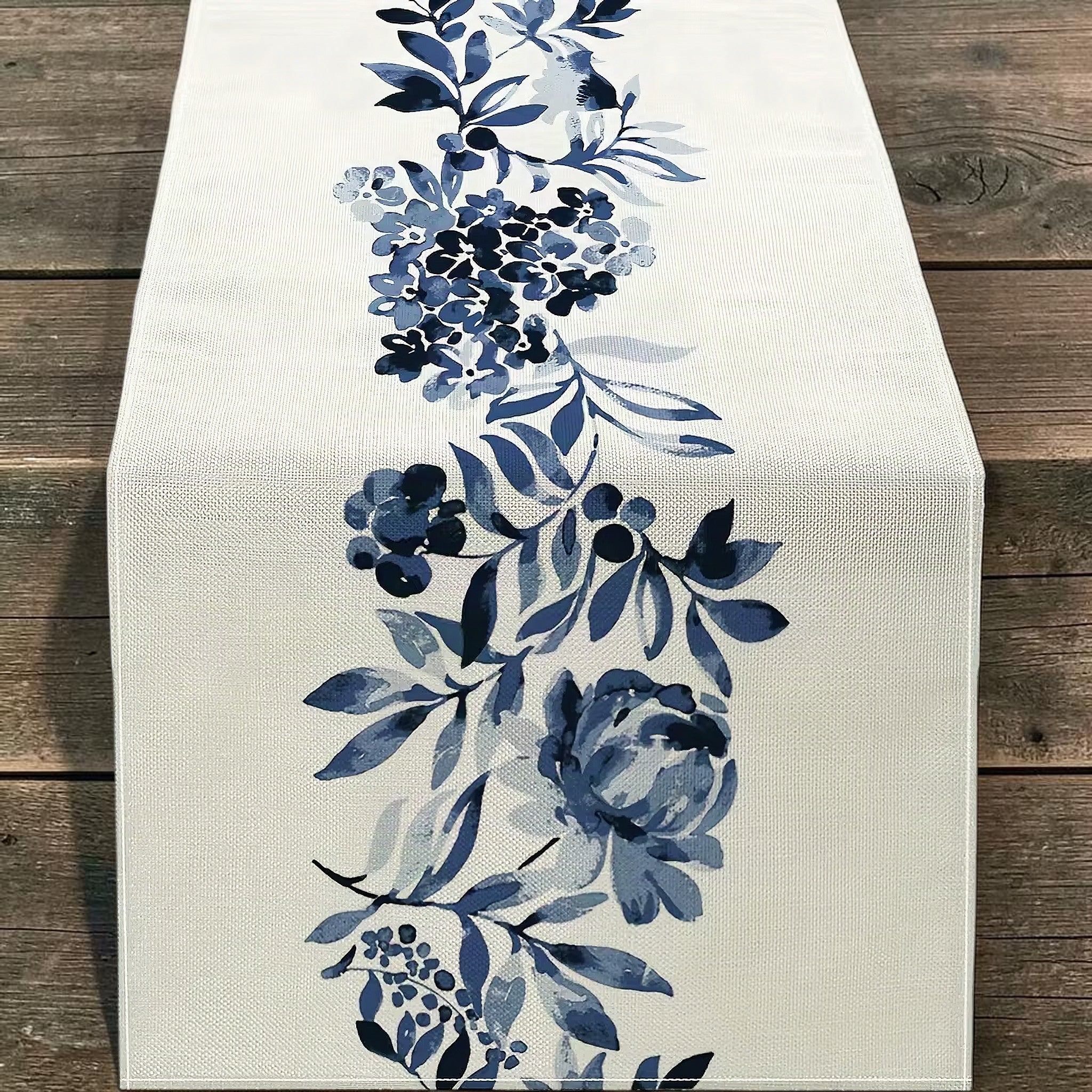 Blue Floral Linen Table Runner