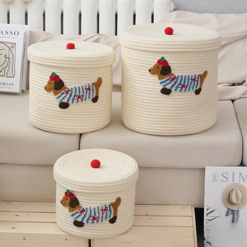 New Cute Cotton Rope Woven Storage Basket Large Capacity Dust-Proof Storage Bucket with Lid Desktop Dust Basket Clothing Sorting