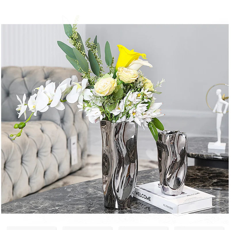 Creative Silver Ceramic Vase Simple Living Room Dining Table Home Decoration Ornaments Ceramic Hydroponic Silver Ceramic Vase