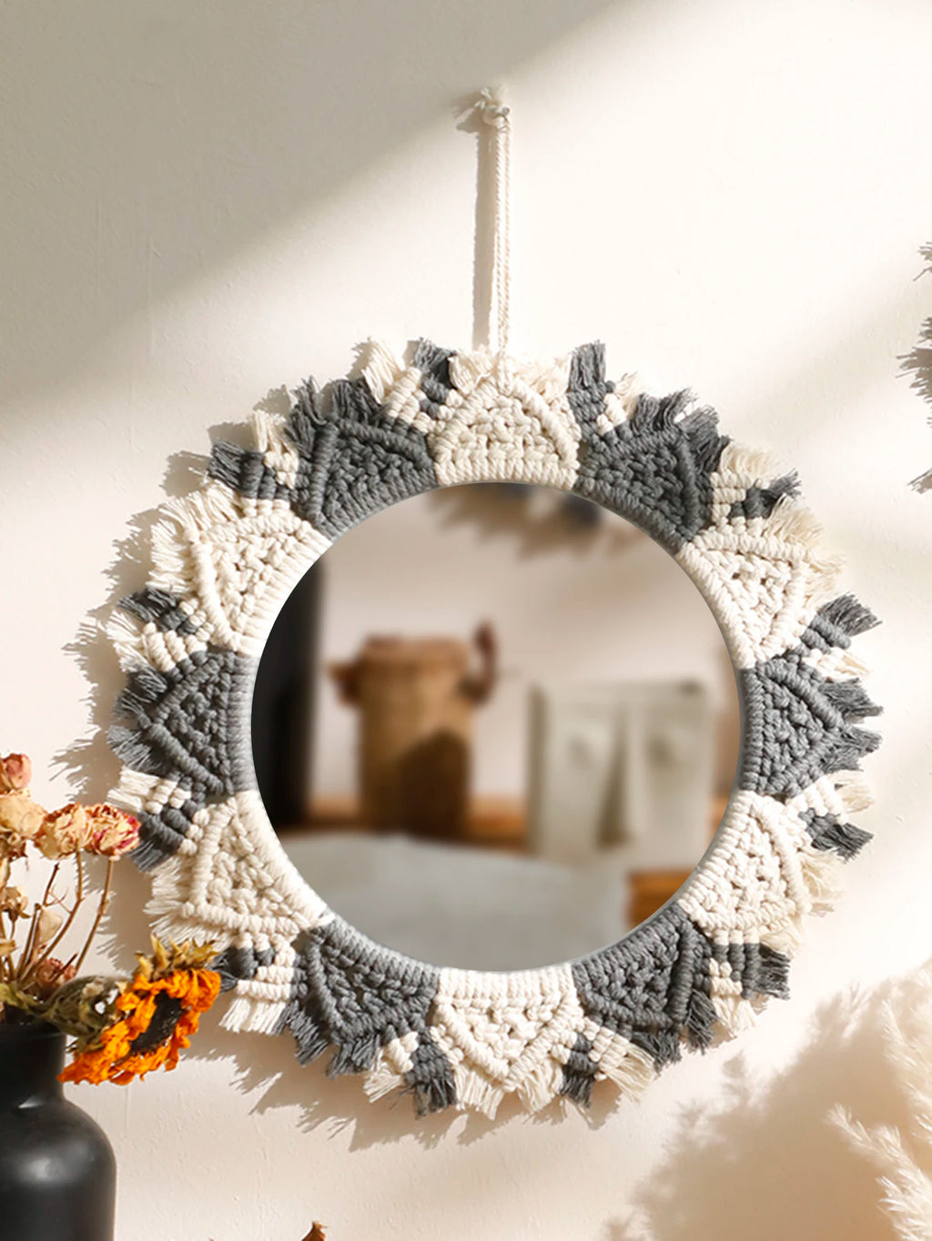 Macrame Mirror Black Gray Decorative Mirrors Boho Home Decoration Handmade Wall Decor Bedroom Living Room Decors Aesthetic Gift