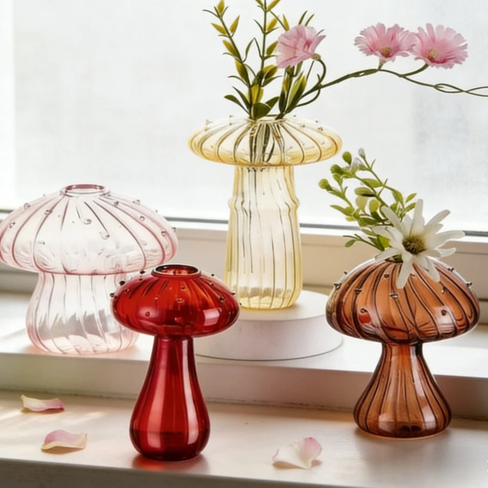 5Pcs/Set Creative Mushroom Vase Home Small Vase Hydroponic Flower Pot Simple Table Decoration Nordic Transparent Mushroom Vase