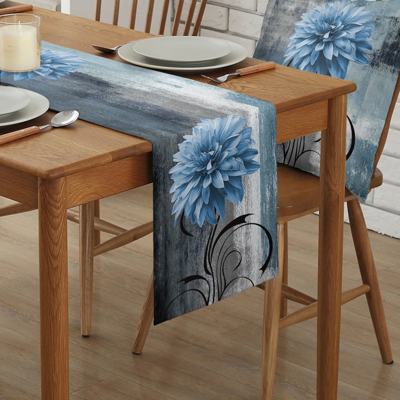 Dahlia Oil Painting Blue Table Runner Decoration Home Decor Dinner Table Decoration Table Decor