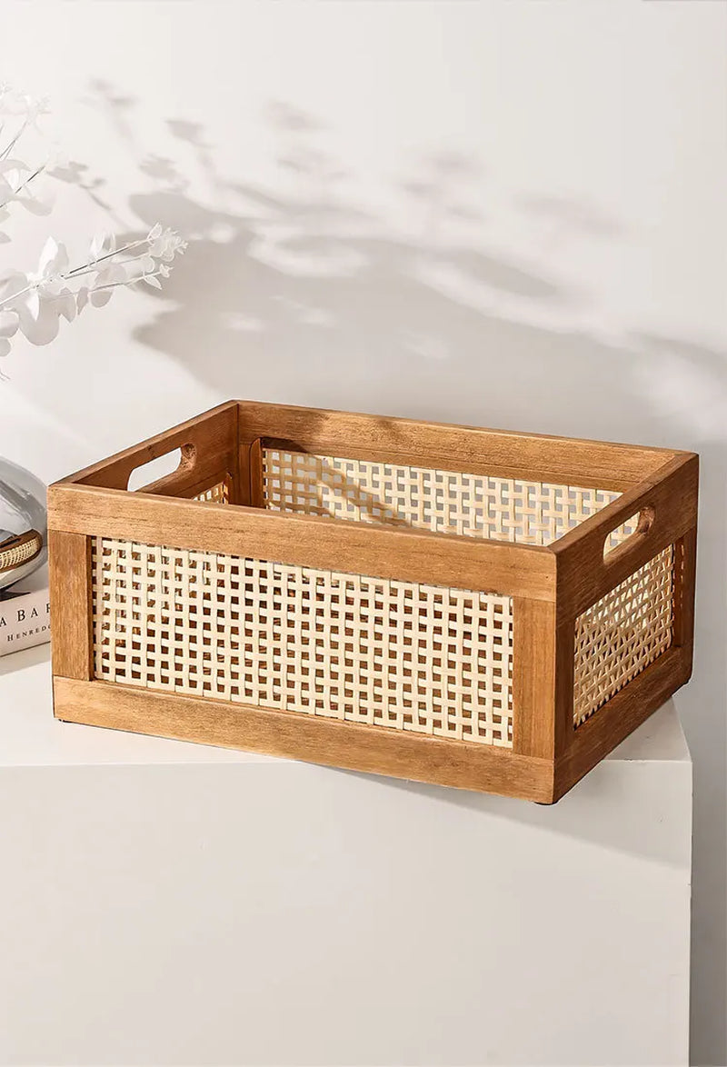 Japanese Desktop Solid Wood Storage Box Retro Rattan Woven Storage Basket Home Books Snacks Cosmetics Organizer Bo