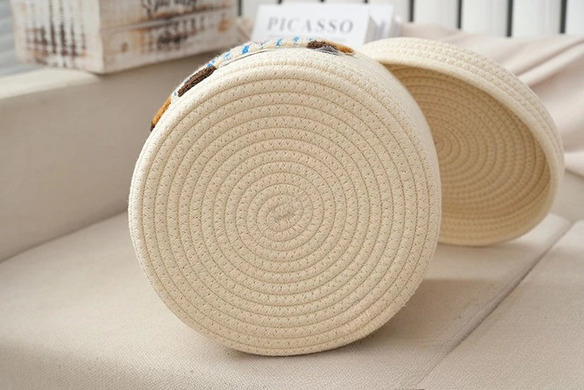 New Cute Cotton Rope Woven Storage Basket Large Capacity Dust-Proof Storage Bucket with Lid Desktop Dust Basket Clothing Sorting