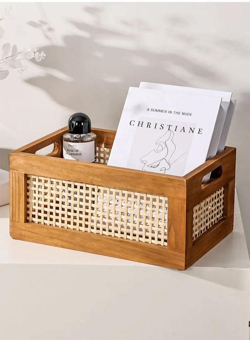 Japanese Desktop Solid Wood Storage Box Retro Rattan Woven Storage Basket Home Books Snacks Cosmetics Organizer Bo