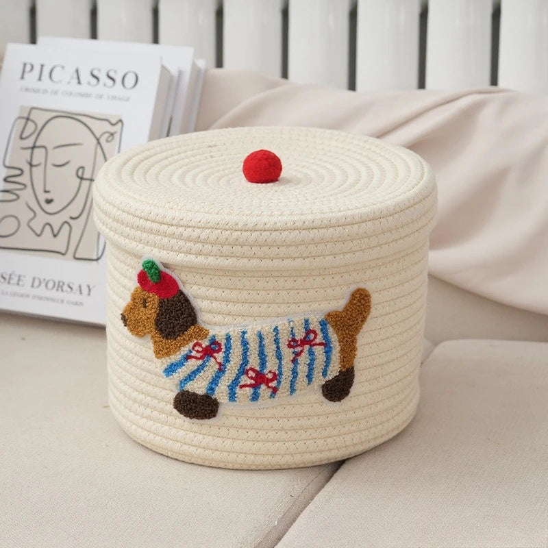 New Cute Cotton Rope Woven Storage Basket Large Capacity Dust-Proof Storage Bucket with Lid Desktop Dust Basket Clothing Sorting