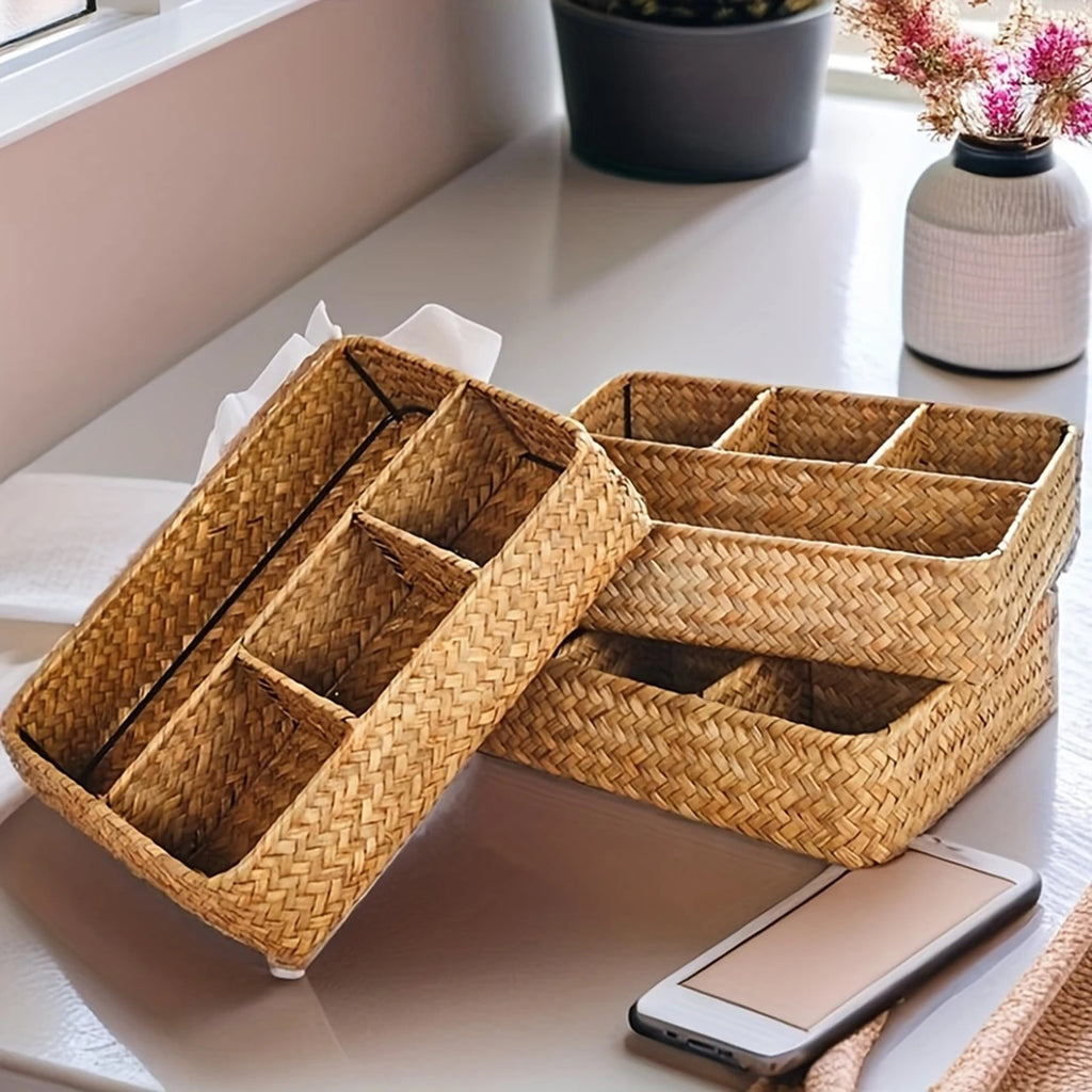 Seagrass Woven Storage Basket Desktop Sundry Organizer Cosmetic Storage Practical Gifts for Families Friends