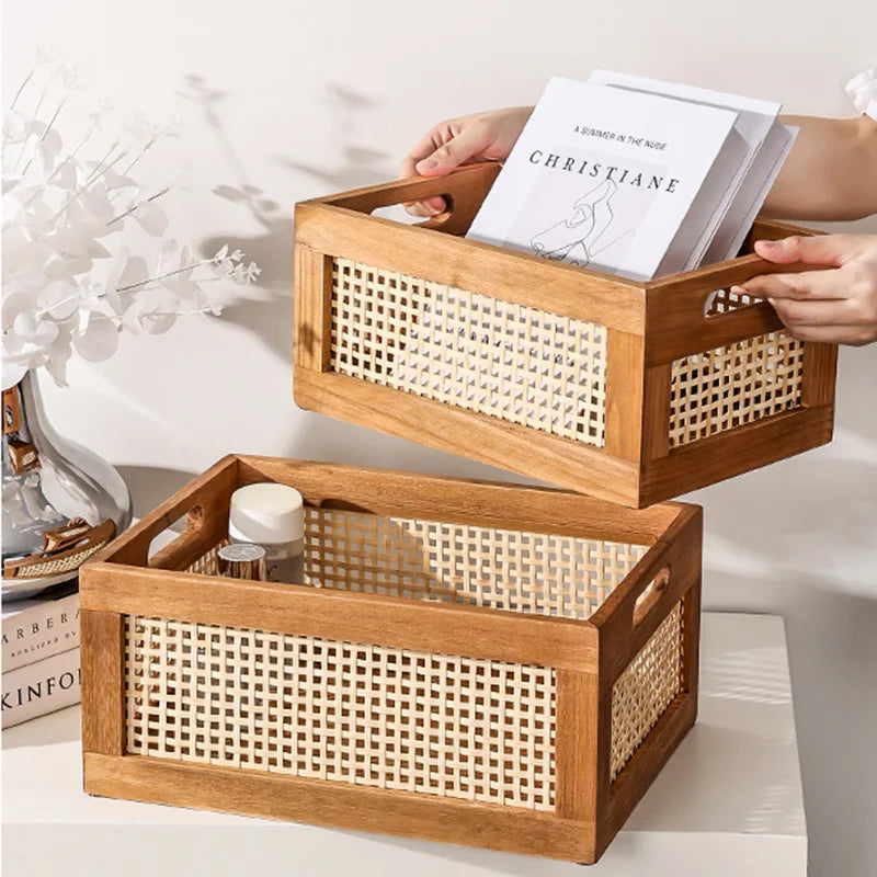 Japanese Desktop Solid Wood Storage Box Retro Rattan Woven Storage Basket Home Books Snacks Cosmetics Organizer Bo