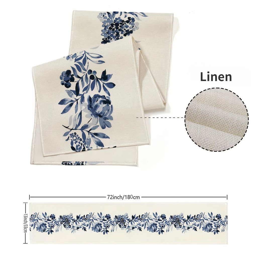 Boho Blue Flowers Linen Table Runners Dresser Scarf Table Decor Kitchen Dining Table Decor Farmhouse Holiday Wedding Party Decor