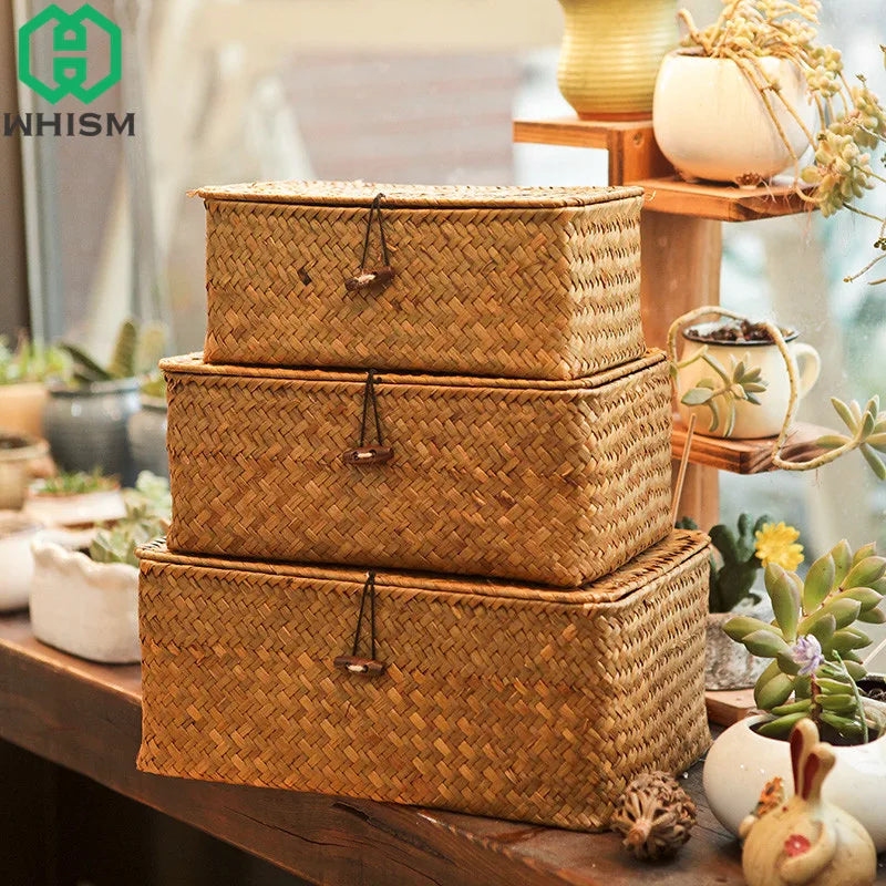 -Wicker Woven Storage Basket with Lid, Rattan Sundries Stora