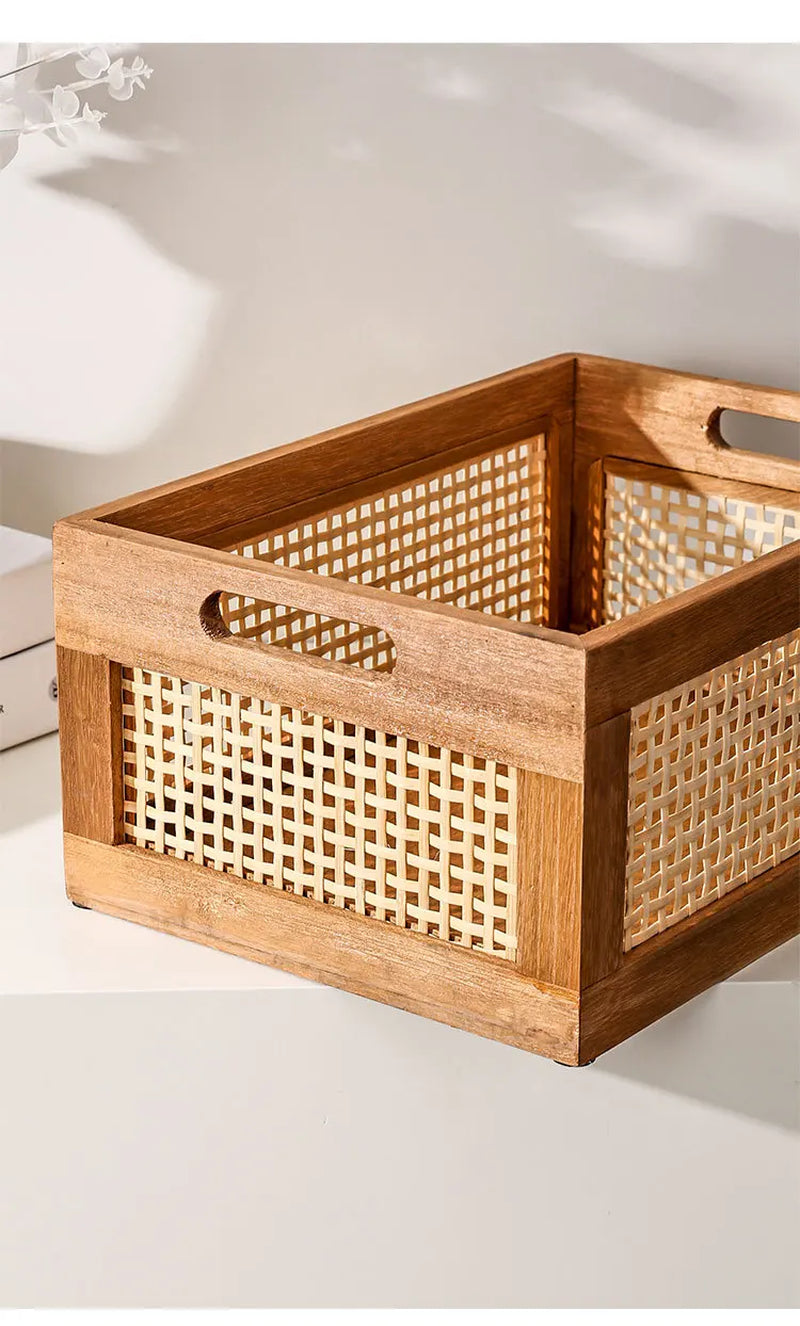 Japanese Desktop Solid Wood Storage Box Retro Rattan Woven Storage Basket Home Books Snacks Cosmetics Organizer Bo
