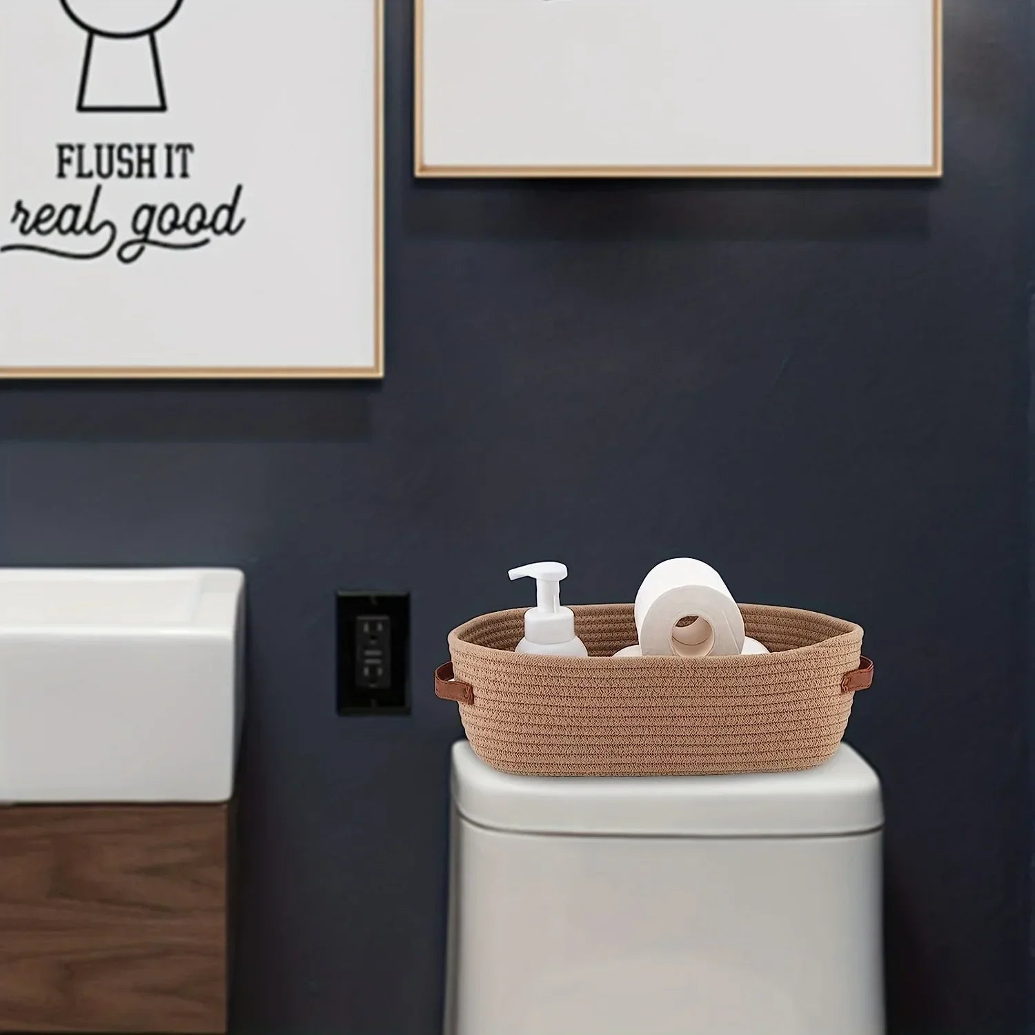 Oval Woven Bathroom Storage Basket, Multifunctional Desktop Organizer, Toilet Paper Holder, Toy Storage Basket Basket Storage