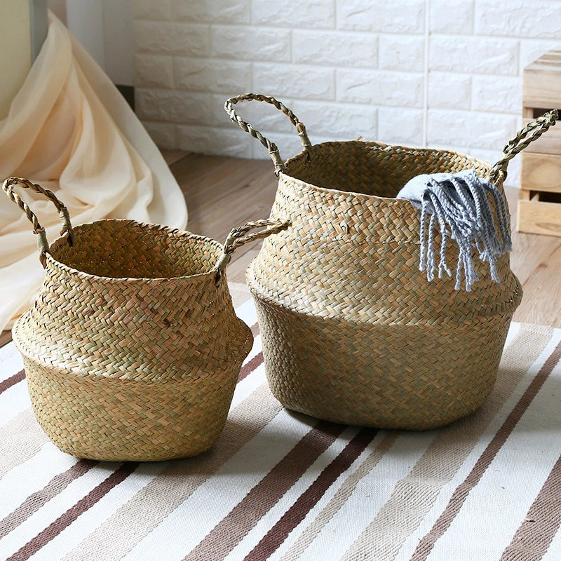 Seagrass Wicker Woven Storage Basket Planting Flower Pot Folding Organizer Laundry Basket Home Garden Belly Mimbre Basket