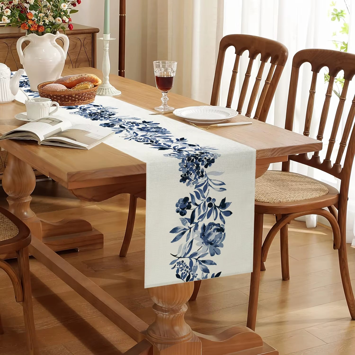 Boho Blue Flowers Linen Table Runners Dresser Scarf Table Decor Kitchen Dining Table Decor Farmhouse Holiday Wedding Party Decor