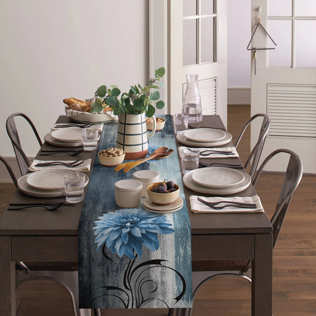 Dahlia Oil Painting Blue Table Runner Decoration Home Decor Dinner Table Decoration Table Decor
