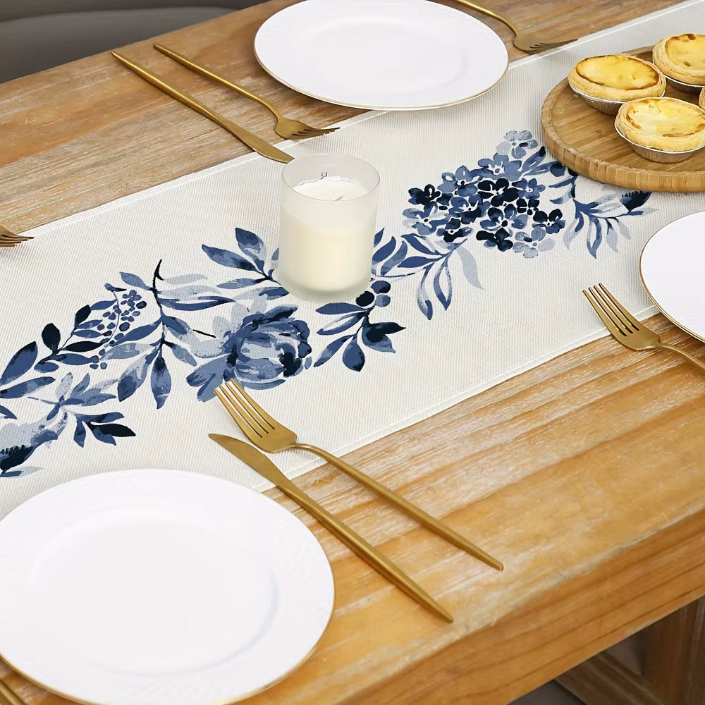 Boho Blue Flowers Linen Table Runners Dresser Scarf Table Decor Kitchen Dining Table Decor Farmhouse Holiday Wedding Party Decor