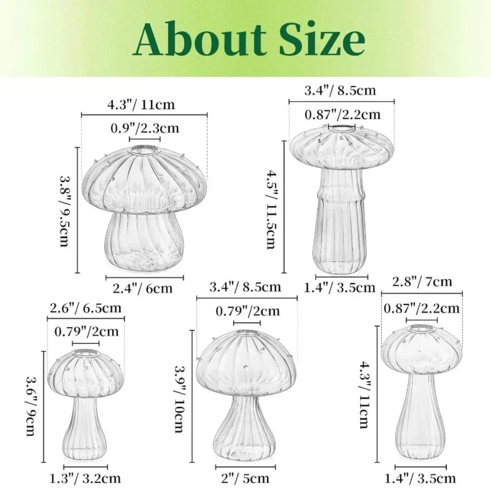 5Pcs/Set Creative Mushroom Vase Home Small Vase Hydroponic Flower Pot Simple Table Decoration Nordic Transparent Mushroom Vase