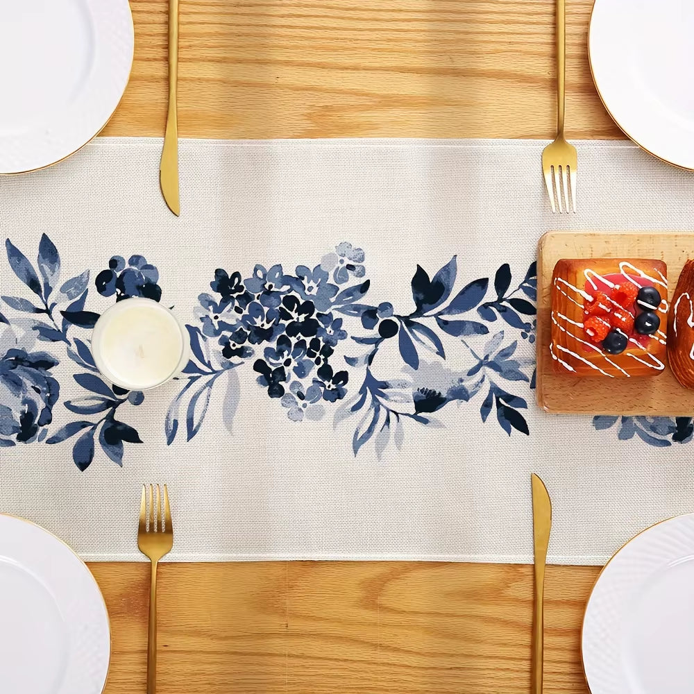 Boho Blue Flowers Linen Table Runners Dresser Scarf Table Decor Kitchen Dining Table Decor Farmhouse Holiday Wedding Party Decor