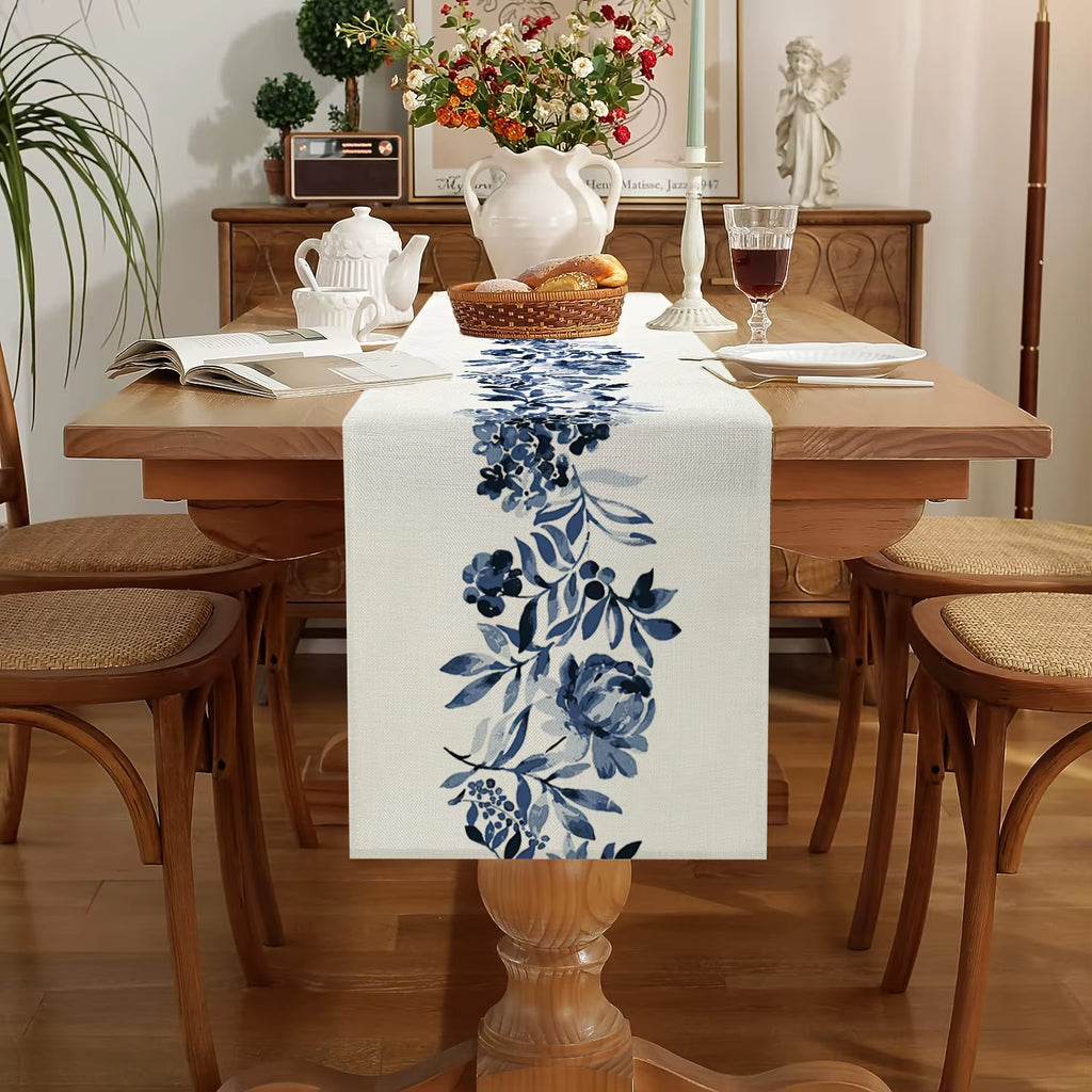 Boho Blue Flowers Linen Table Runners Dresser Scarf Table Decor Kitchen Dining Table Decor Farmhouse Holiday Wedding Party Decor