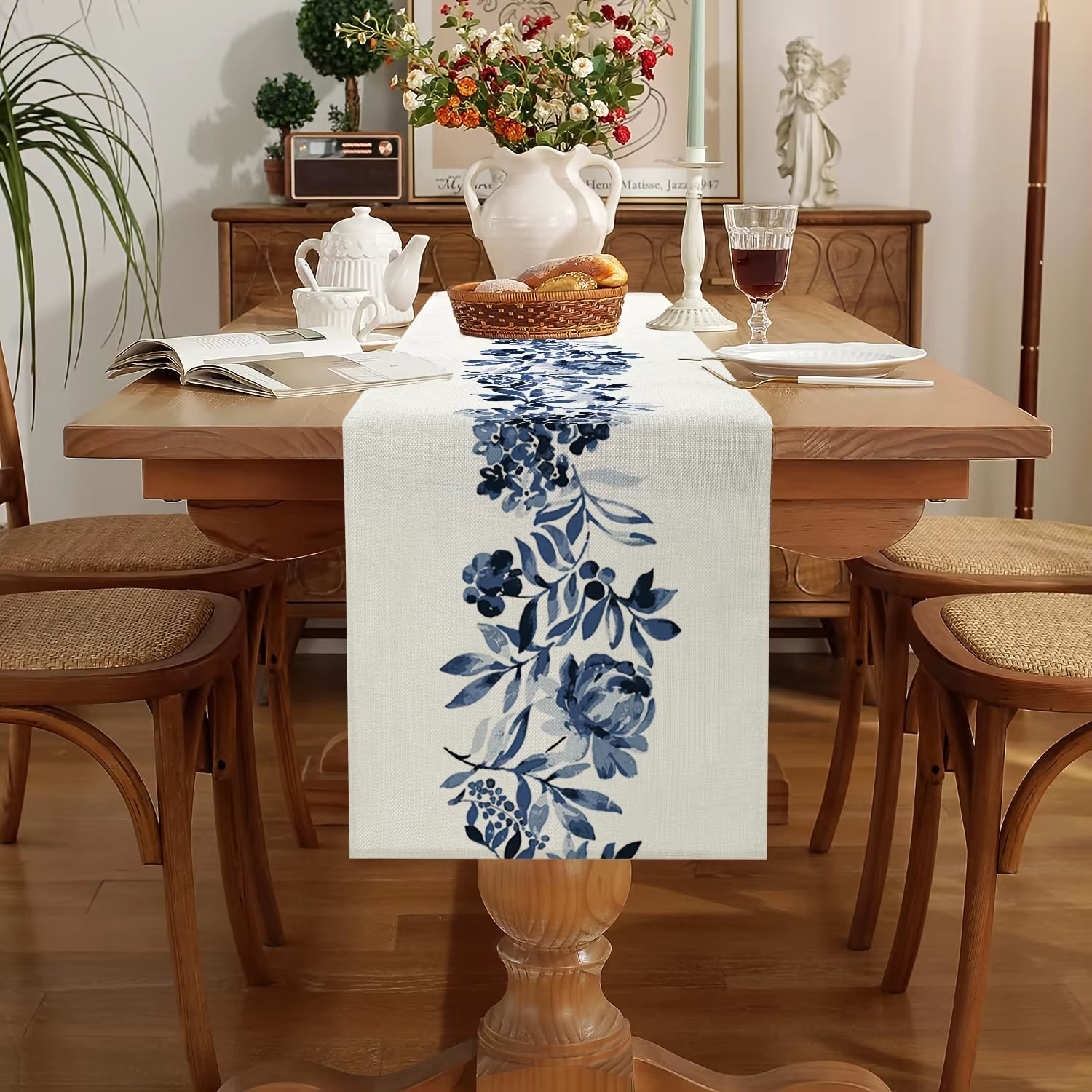 Boho Blue Flowers Linen Table Runners Dresser Scarf Table Decor Kitchen Dining Table Decor Farmhouse Holiday Wedding Party Decor