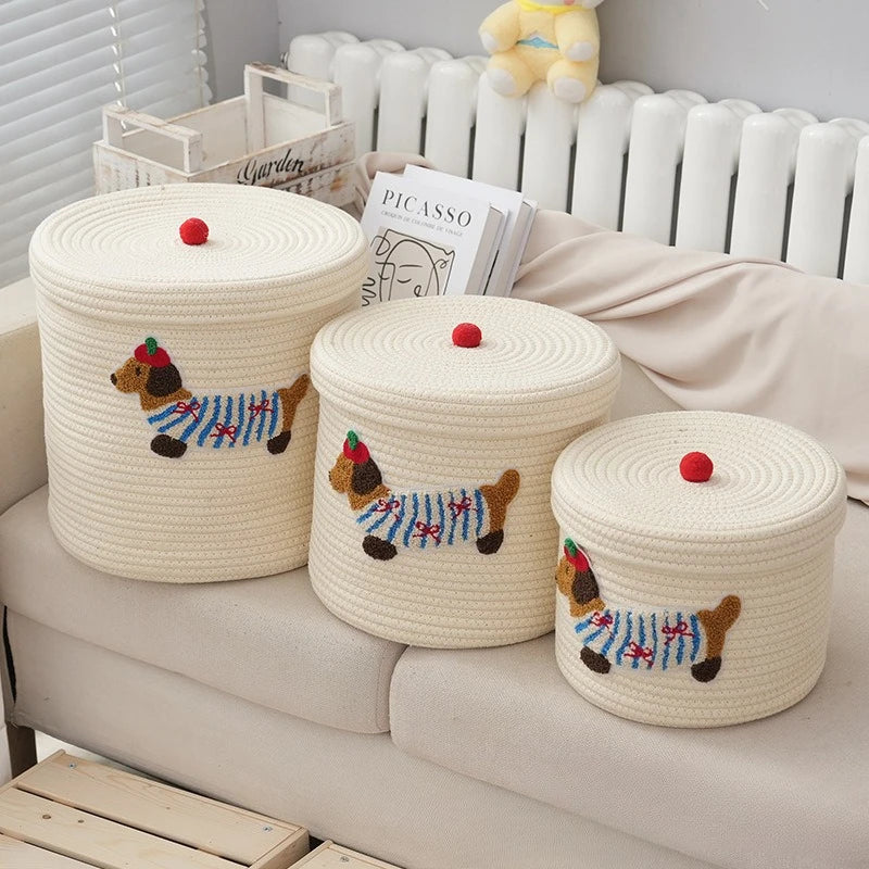 New Cute Cotton Rope Woven Storage Basket Large Capacity Dust-Proof Storage Bucket with Lid Desktop Dust Basket Clothing Sorting