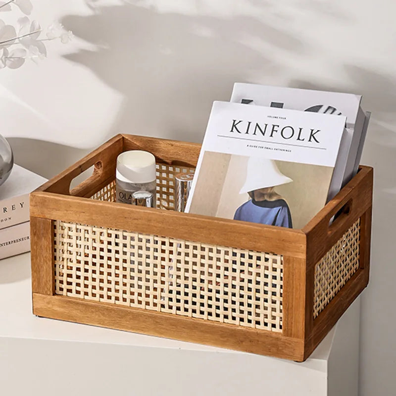 Japanese Desktop Solid Wood Storage Box Retro Rattan Woven Storage Basket Home Books Snacks Cosmetics Organizer Bo