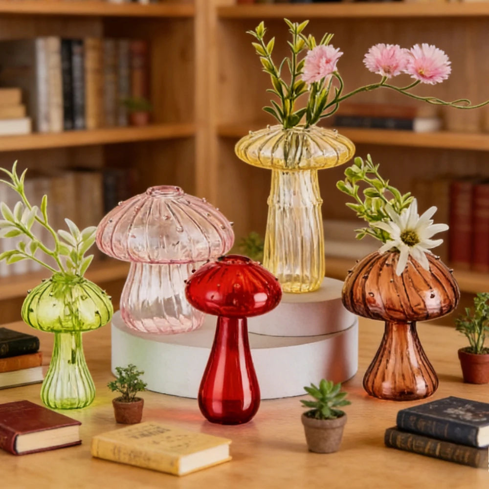 5Pcs/Set Creative Mushroom Vase Home Small Vase Hydroponic Flower Pot Simple Table Decoration Nordic Transparent Mushroom Vase