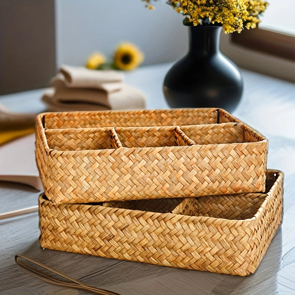 4 Grids Storage Basket Handmade Woven Willow Storage Basket for Clothes Cosmetic Stationery Hairpins Jewelry Accessories