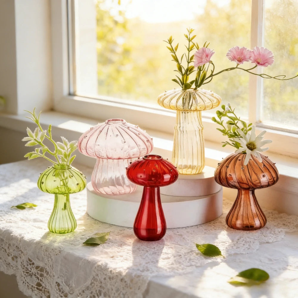 5Pcs/Set Creative Mushroom Vase Home Small Vase Hydroponic Flower Pot Simple Table Decoration Nordic Transparent Mushroom Vase