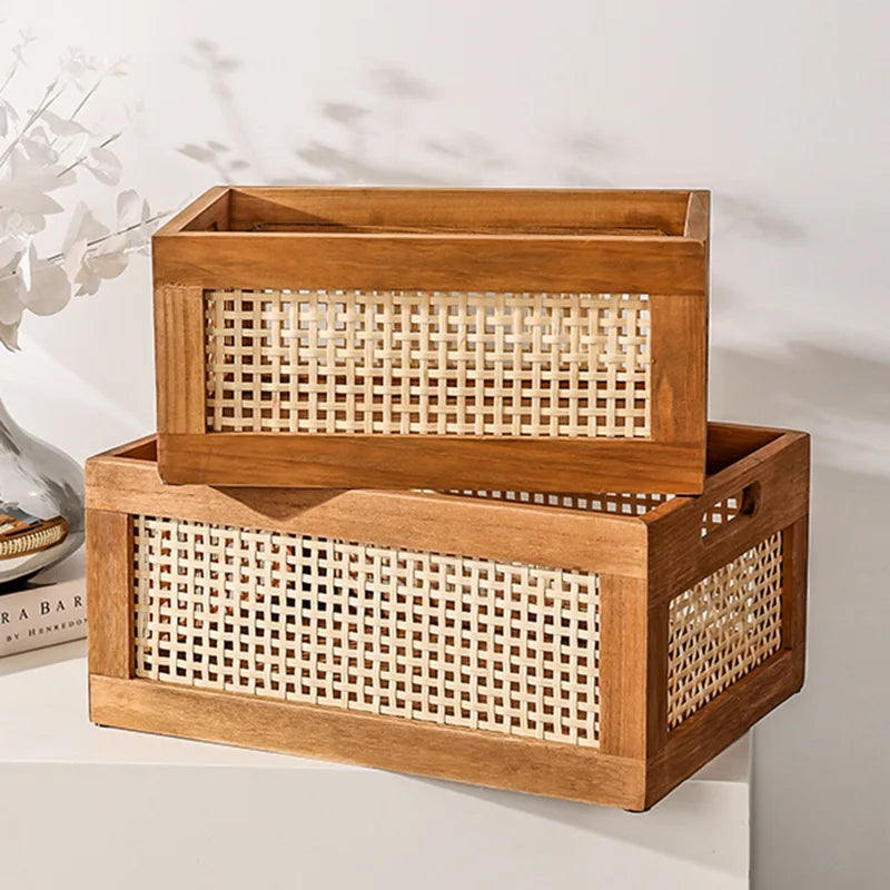 Japanese Desktop Solid Wood Storage Box Retro Rattan Woven Storage Basket Home Books Snacks Cosmetics Organizer Bo