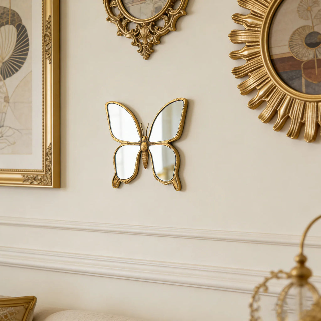 Decorative Butterfly Wall Mirror with Gold Resin Frame Wall Art Elegant Acrylic Mirror Decoration for Bedroom Living Room Decor