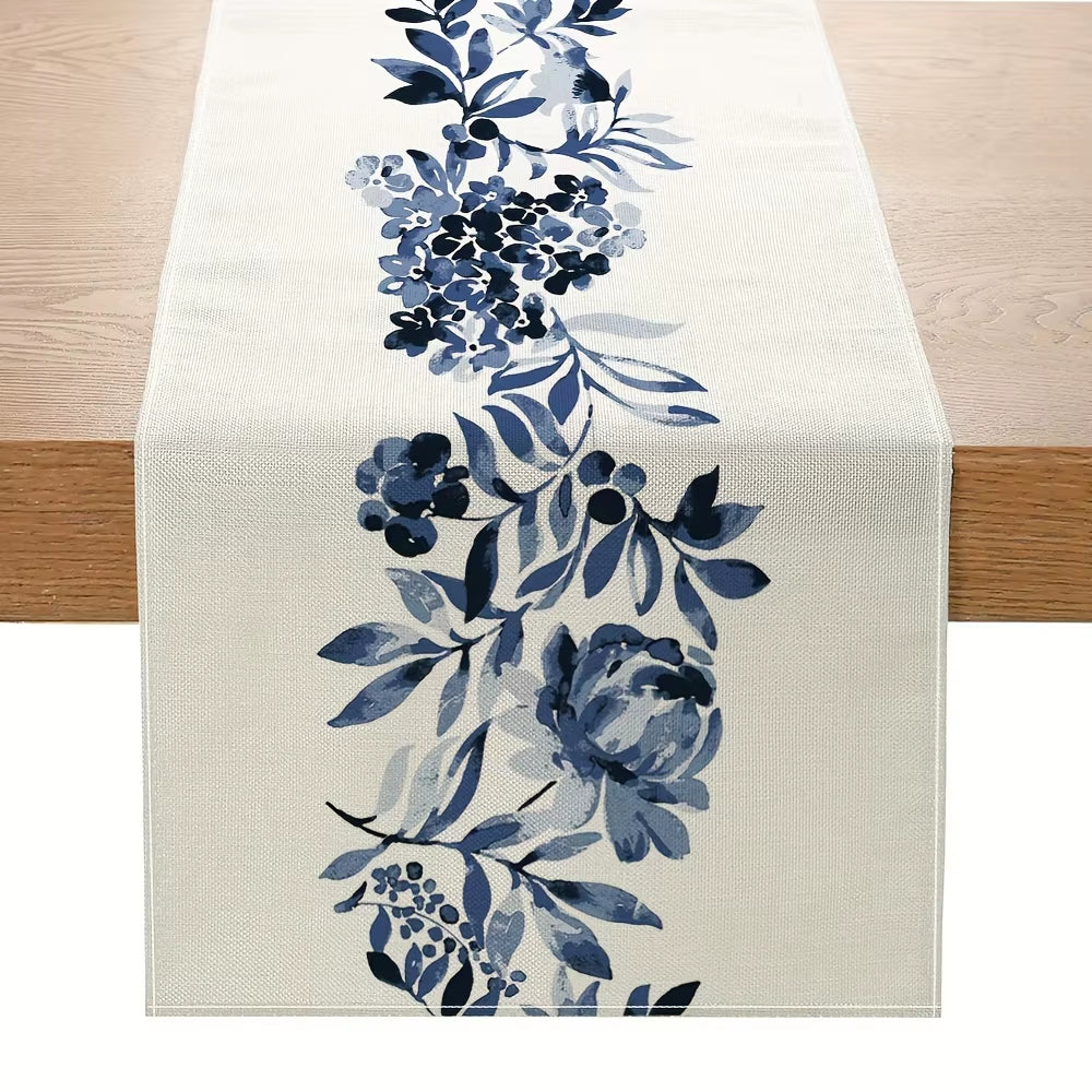 Boho Blue Flowers Linen Table Runners Dresser Scarf Table Decor Kitchen Dining Table Decor Farmhouse Holiday Wedding Party Decor