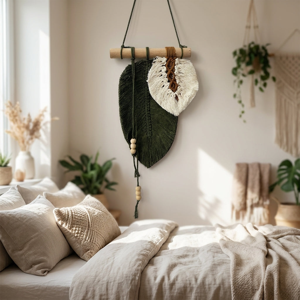 Small macrame leaf wall hanging with wooden beads mounted above a cozy boho bedroom bed