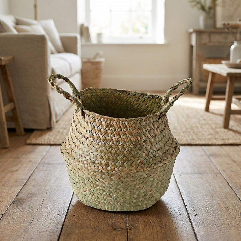 Seagrass wicker belly basket with fold-over handles on a wooden living room floor