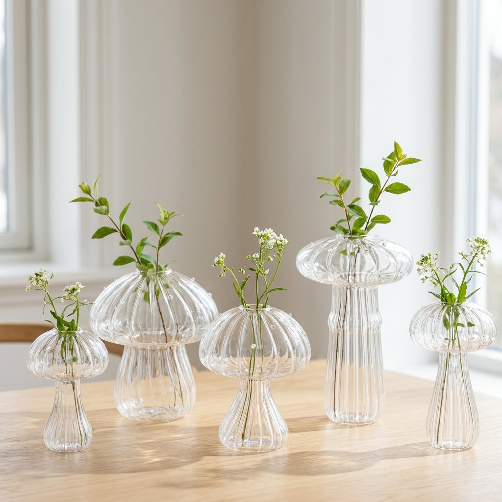 Set of five transparent glass mushroom-shaped vases with sprigs of greenery and small white flowers on a wooden tabletop