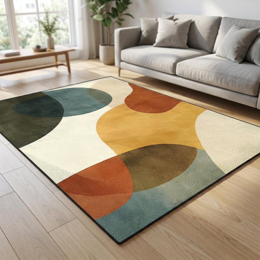 Modern geometric abstraction area rug laid on a living room floor beside a sofa