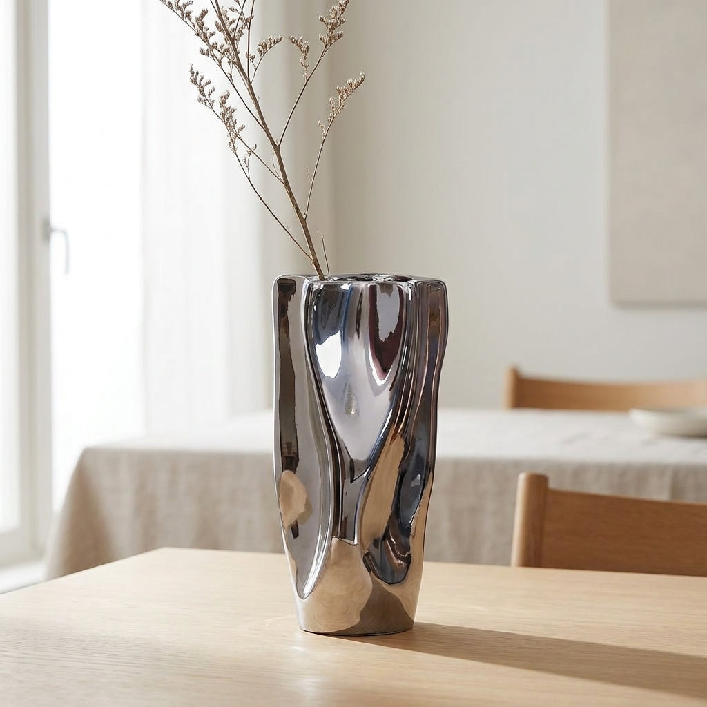 Sculptural silver ceramic vase with a dried branch on a wooden dining table