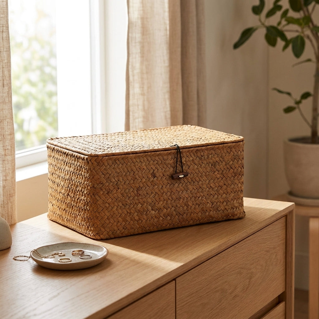 Rectangular seagrass woven storage basket with lid on a wooden dresser beside a jewelry tray