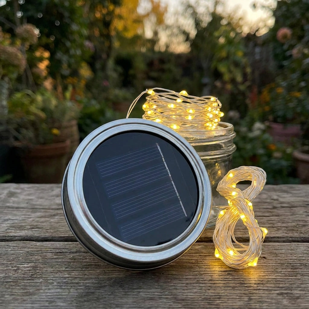 Solar-powered fairy light string with glass jar lid holder glowing at dusk in a garden