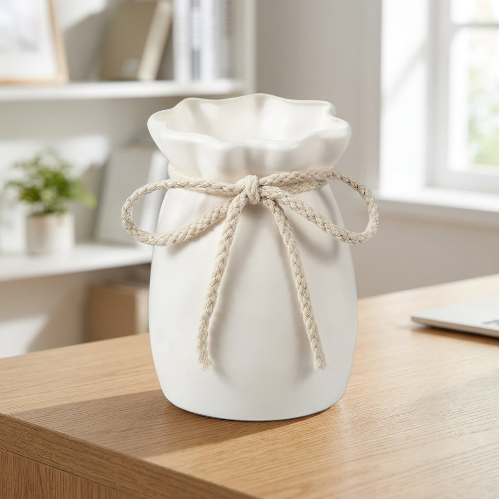 White ceramic-look vase shaped like a tied sack with a bow, displayed on a wooden office desk