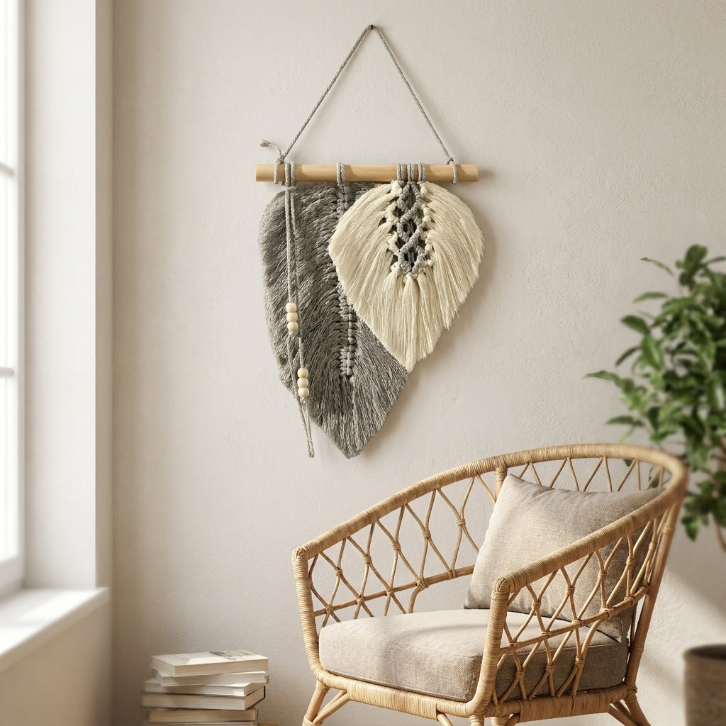 Handmade macrame leaf wall hanging in grey and cream mounted above a rattan chair in a boho reading nook
