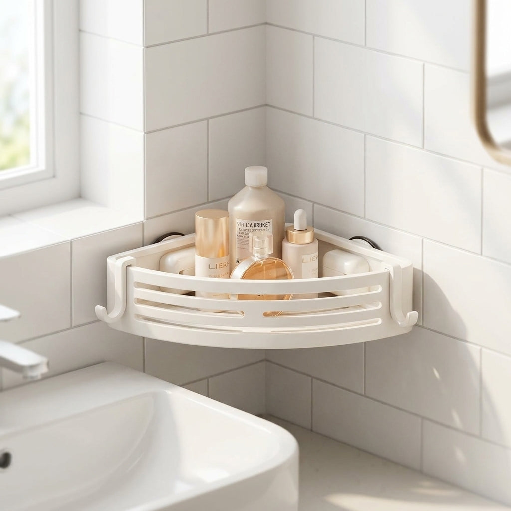 White no-drill suction cup corner storage rack mounted on a bathroom tile wall holding toiletries
