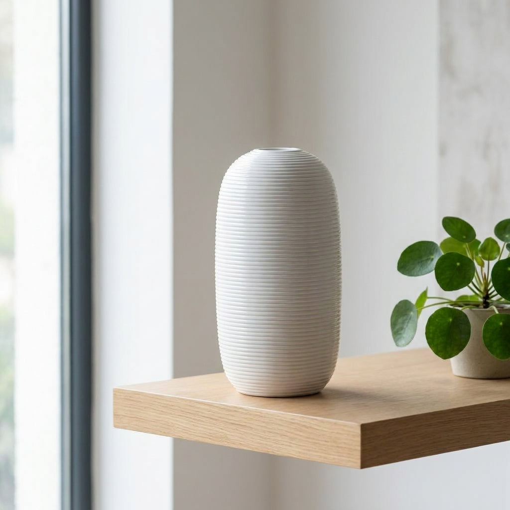 Matte white ribbed ceramic vase on a floating wooden shelf beside a potted plant