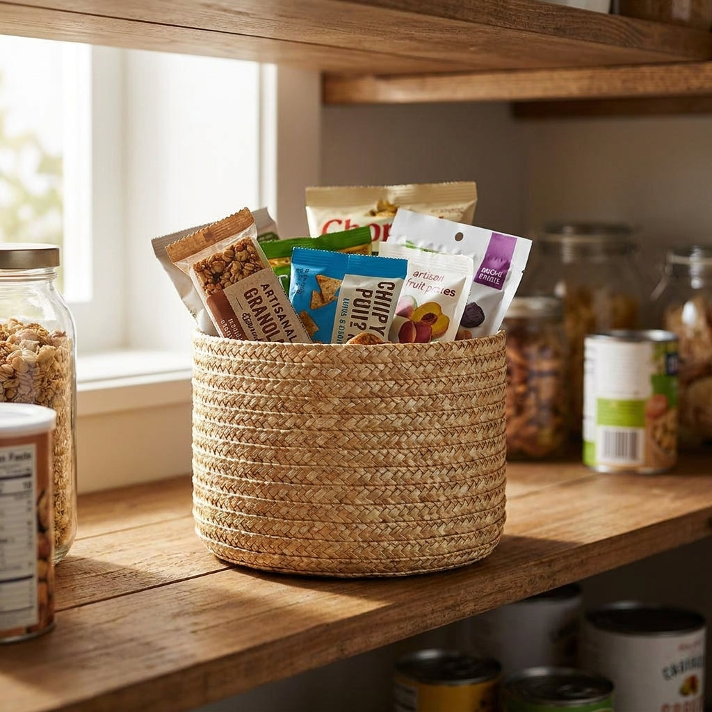 Handmade woven storage basket filled with packaged snacks on a sunlit pantry shelf