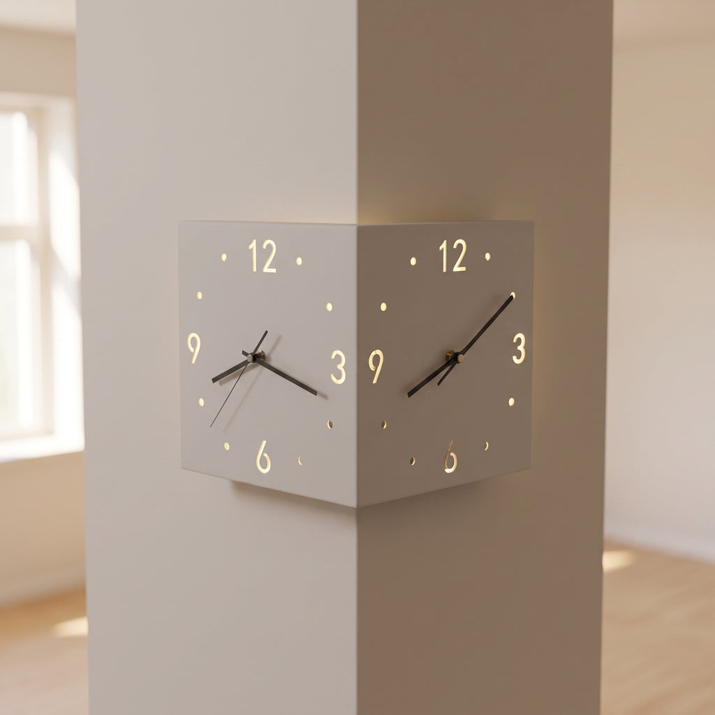 Grey double-sided luminous corner wall clock mounted where two walls meet in a modern minimalist room
