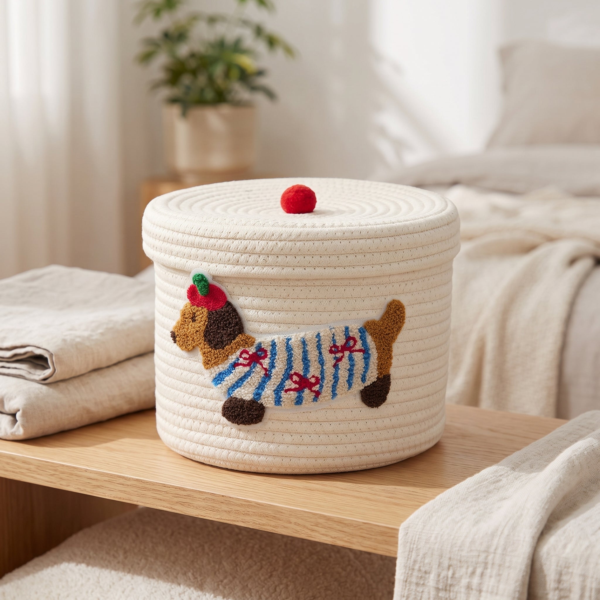 Cream cotton rope woven storage basket with lid and embroidered dachshund design on a wooden shelf